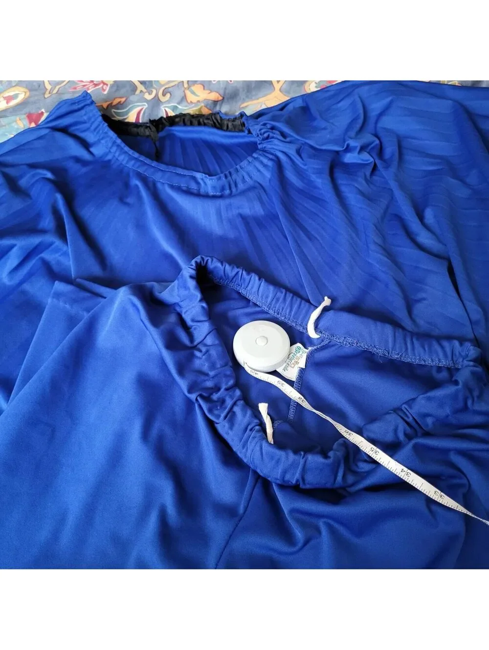 Vintage 70's Disco Bat Wing Blouse Blue 2 Pc Set Top Pants Accordian Pleat M L